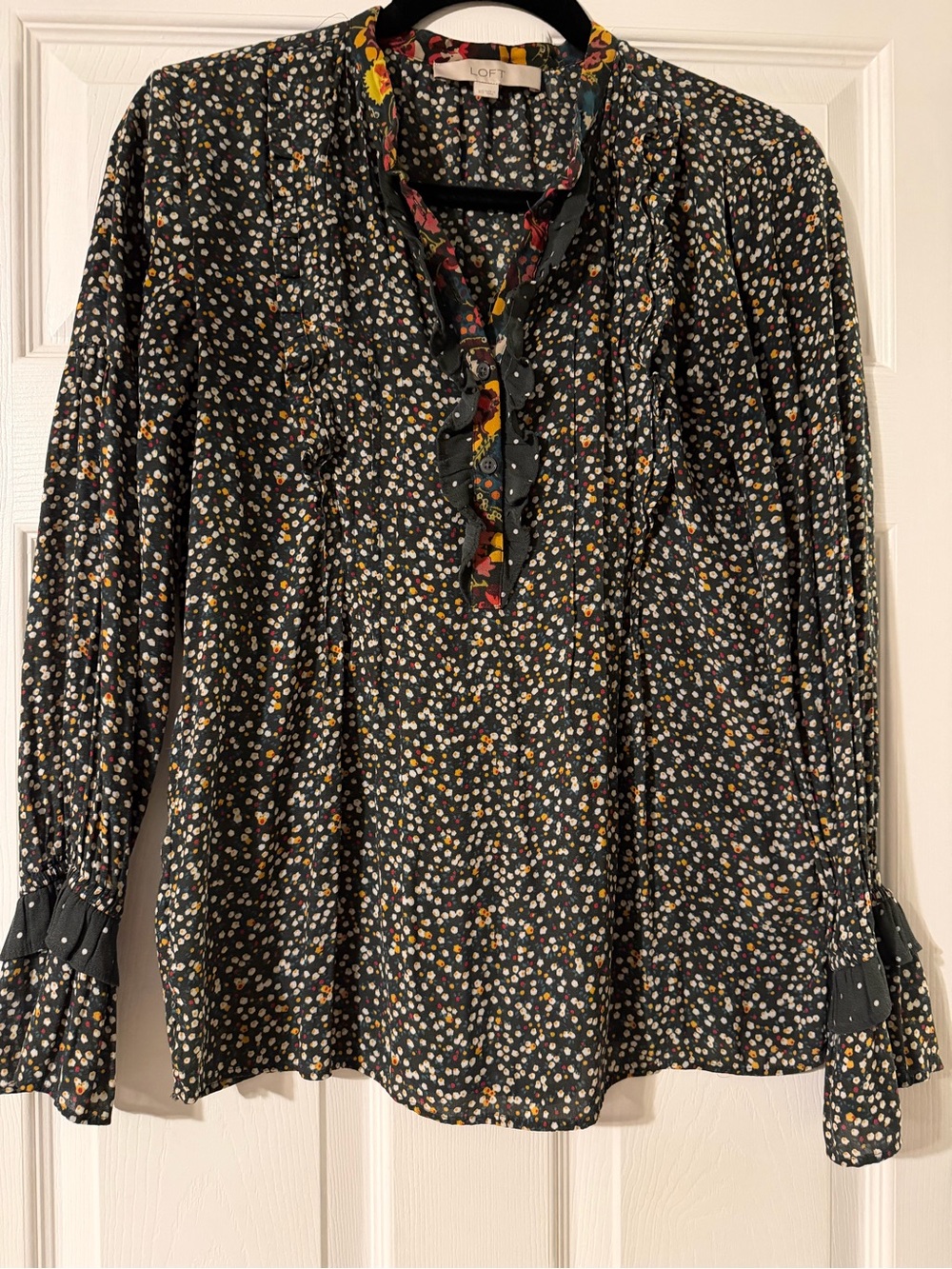 LOFT Dark Floral Long-Sleeve Button-Back Blouse